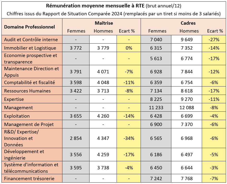 Écarts de rémunération moyenne mensuelle à RTE entre les hommes et les femmes par domaine professionnel